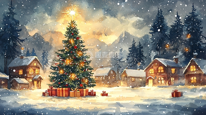 高清大图下载【趣麦麦图】雪夜圣诞村庄