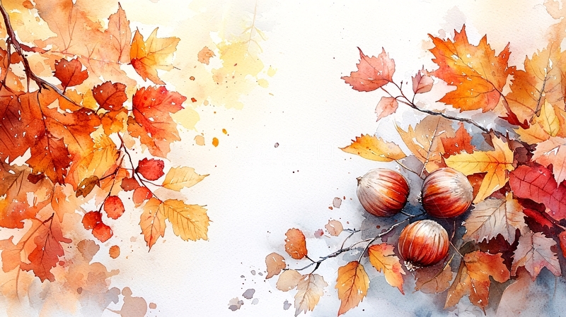 高清大图下载【趣麦麦图】水彩画秋叶榛子