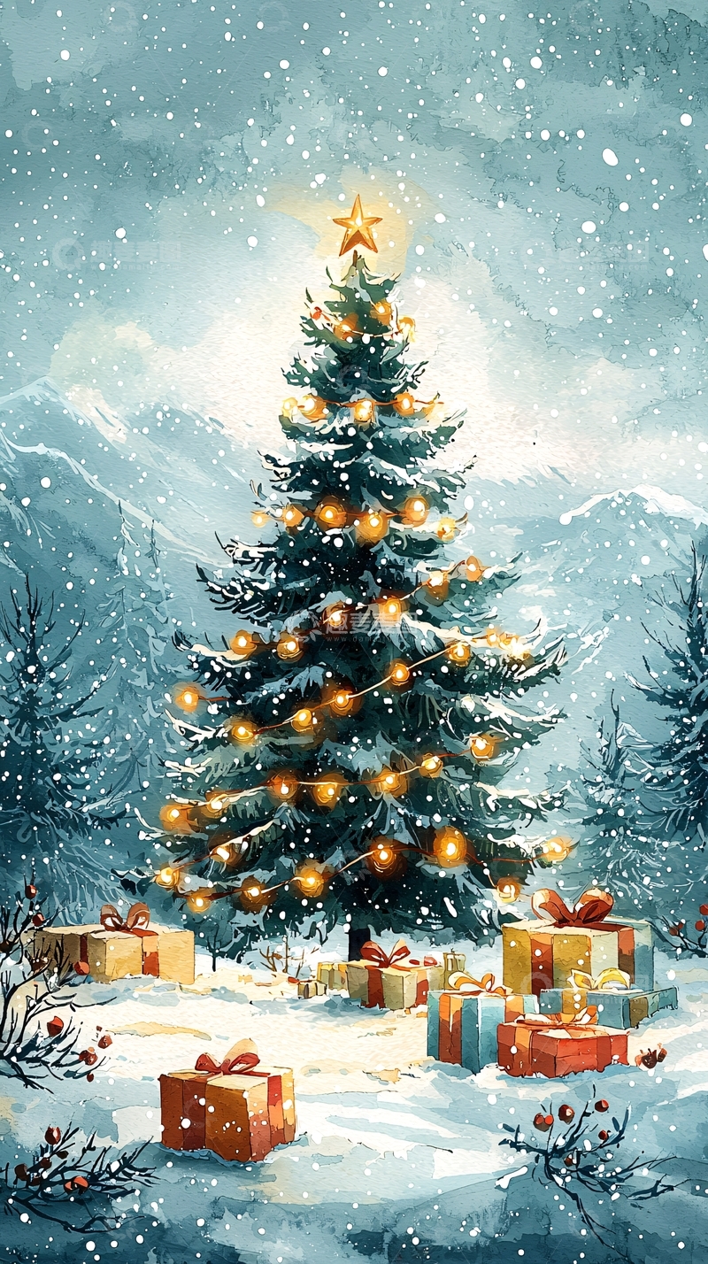 高清大图下载【趣麦麦图】雪中圣诞树