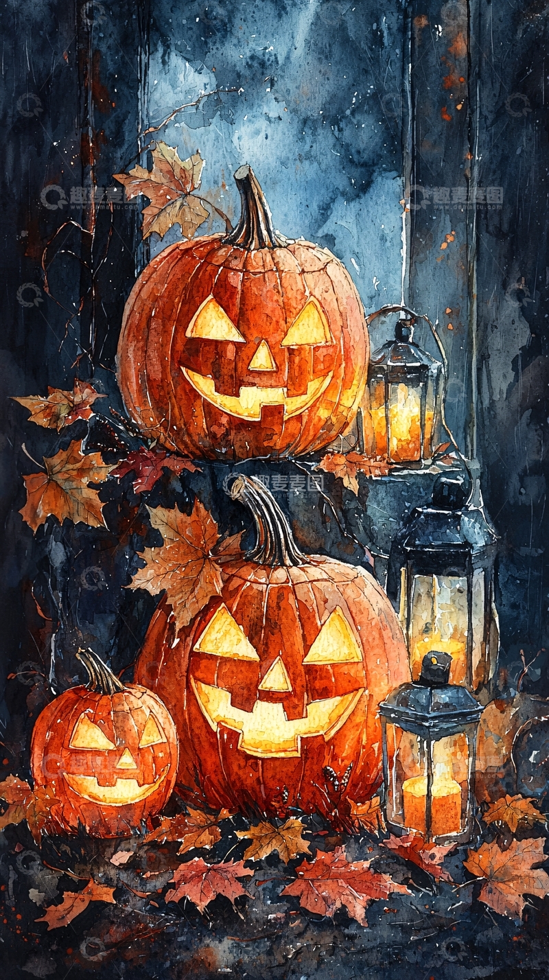 高清大图下载【趣麦麦图】水彩南瓜灯