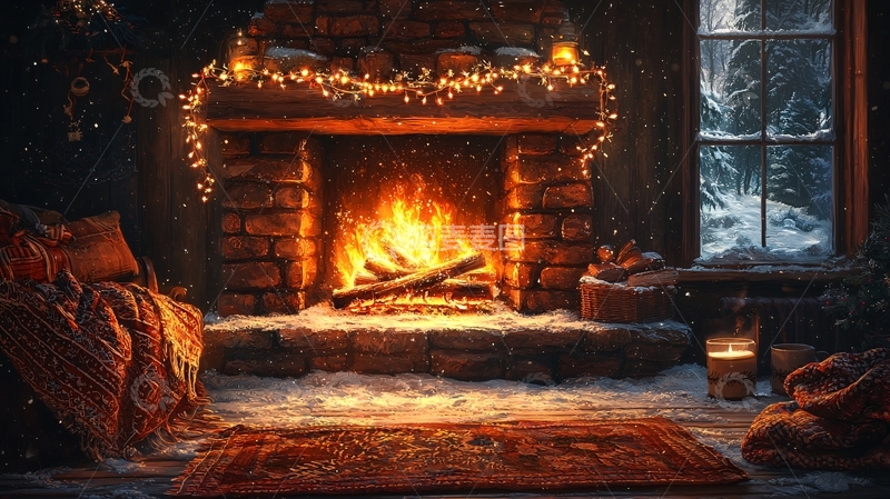 高清大图下载【趣麦麦图】温暖的壁炉冬日小屋