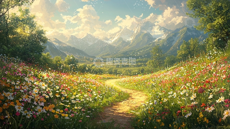 高清大图下载【趣麦麦图】阳光下的花田小路