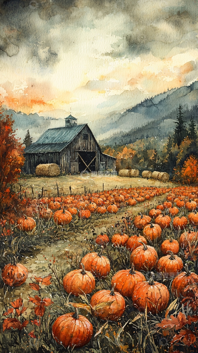 高清大图下载【趣麦麦图】秋收南瓜田园风景画