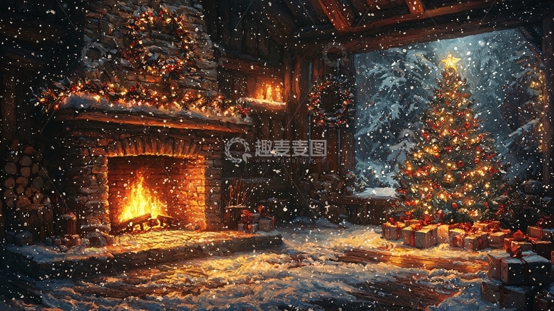 高清大图下载【趣麦麦图】圣诞节壁炉温暖小屋
