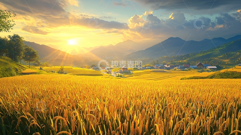 高清大图下载【趣麦麦图】金色稻田日出山景