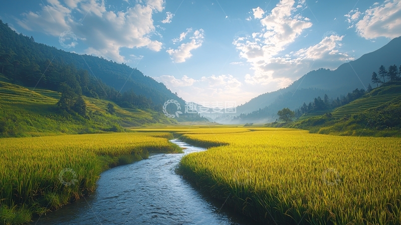 高清大图下载【趣麦麦图】山谷河流稻田蓝天白云