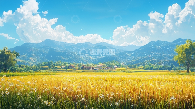 高清大图下载【趣麦麦图】金黄稻田蓝天白云山峦