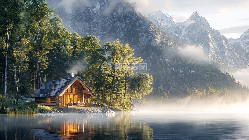 高清大图下载【趣麦麦图】山间湖边木屋晨景