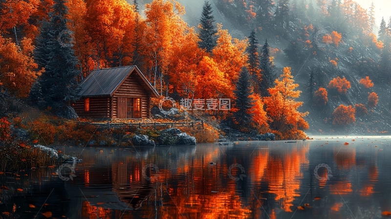 高清大图下载【趣麦麦图】秋日森林小屋湖边倒影