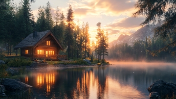 湖边木屋日落