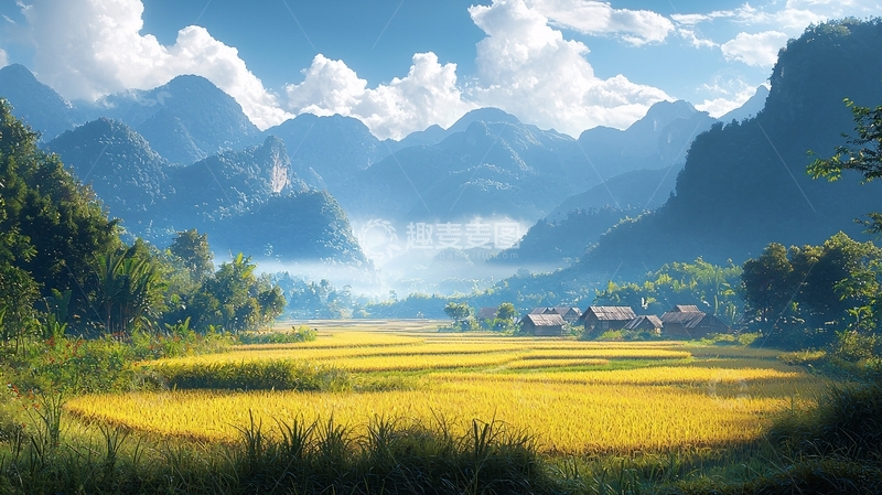 高清大图下载【趣麦麦图】山峦环绕的金色稻田