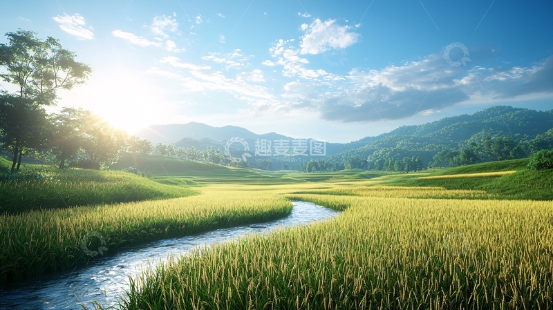 高清大图下载【趣麦麦图】阳光稻田河流山峦
