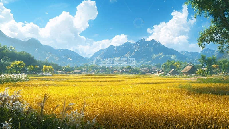 高清大图下载【趣麦麦图】金黄稻田环绕山峦村庄