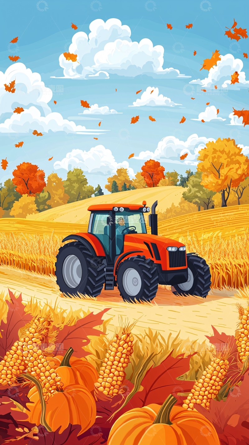 高清大图下载【趣麦麦图】秋季田园拖拉机风景
