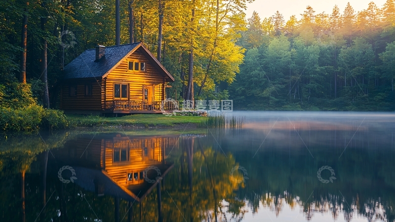 高清大图下载【趣麦麦图】森林木屋湖边倒影