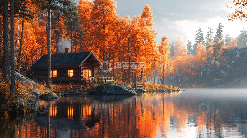 高清大图下载【趣麦麦图】秋日森林湖边小屋