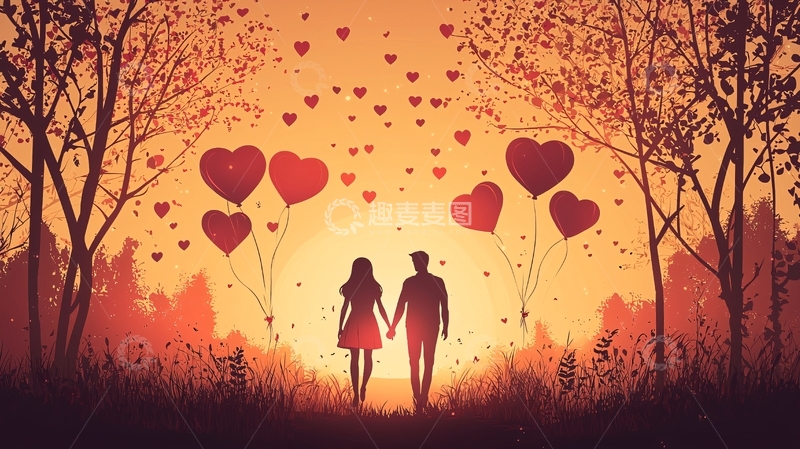 高清大图下载【趣麦麦图】夕阳下牵手的情侣剪影