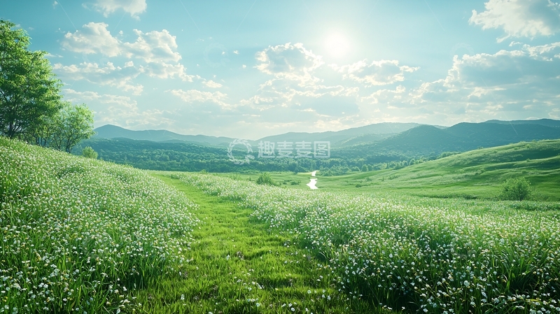 高清大图下载【趣麦麦图】阳光明媚的山峦草原