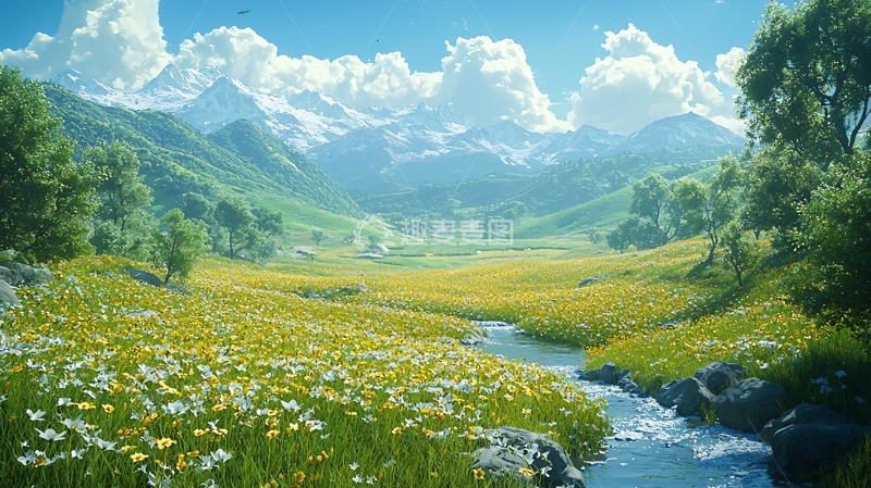 高清大图下载【趣麦麦图】阳光明媚的山谷花田