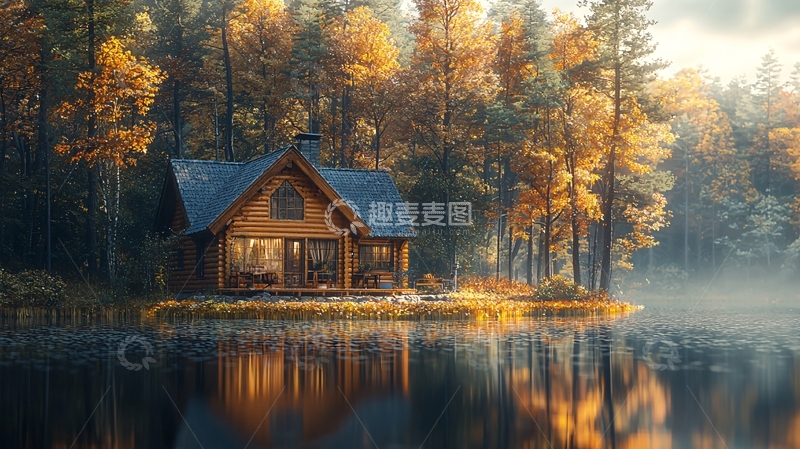 高清大图下载【趣麦麦图】秋日森林湖边木屋