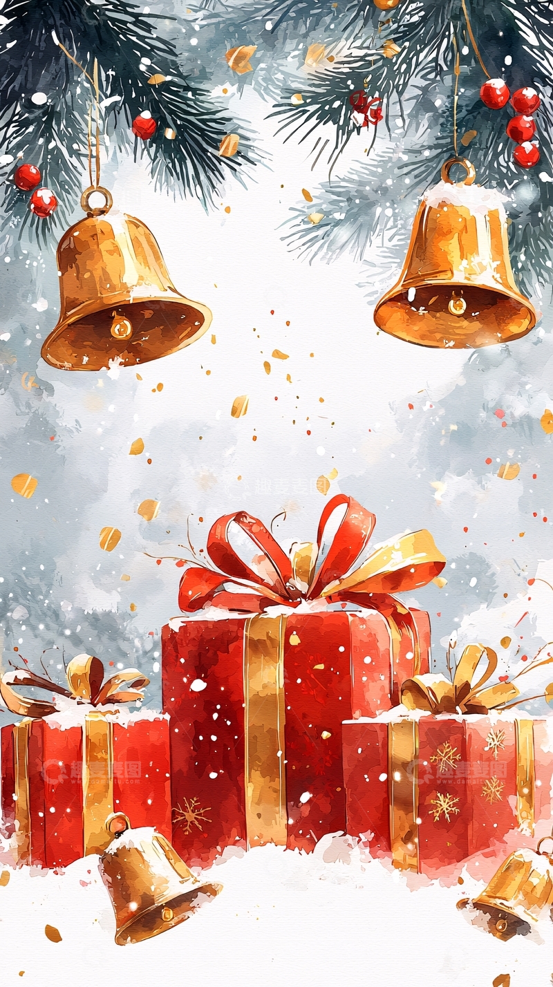 高清大图下载【趣麦麦图】圣诞节礼物铃铛水彩画