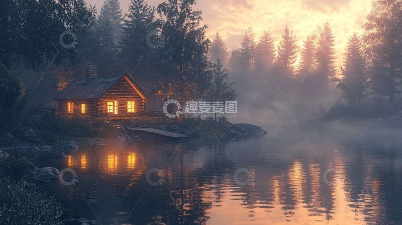 高清大图下载【趣麦麦图】雾气森林小屋湖边