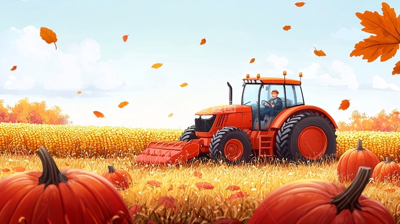 高清大图下载【趣麦麦图】秋收时节的南瓜田和拖拉机