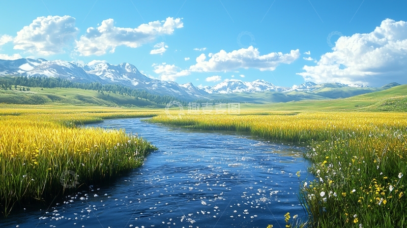 高清大图下载【趣麦麦图】阳光明媚的草原河流