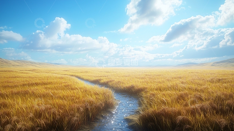 高清大图下载【趣麦麦图】阳光下的金黄草原