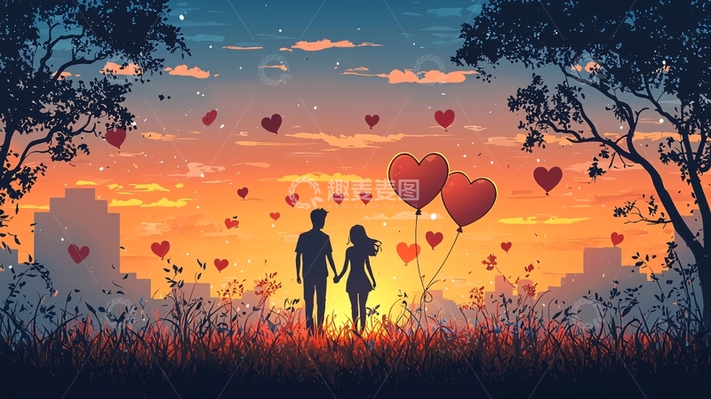 高清大图下载【趣麦麦图】情侣日落剪影