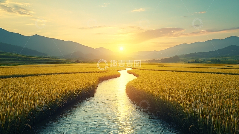高清大图下载【趣麦麦图】金色稻田河流日落