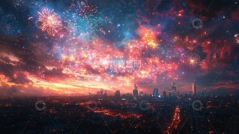 高清大图下载【趣麦麦图】绚丽多彩的烟火城市夜景