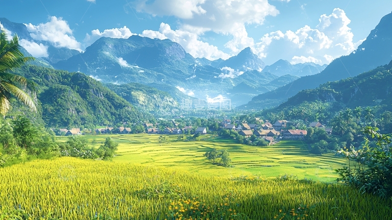 高清大图下载【趣麦麦图】阳光下的山谷田园风光