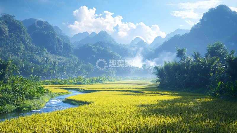 高清大图下载【趣麦麦图】阳光下的稻田与山峦
