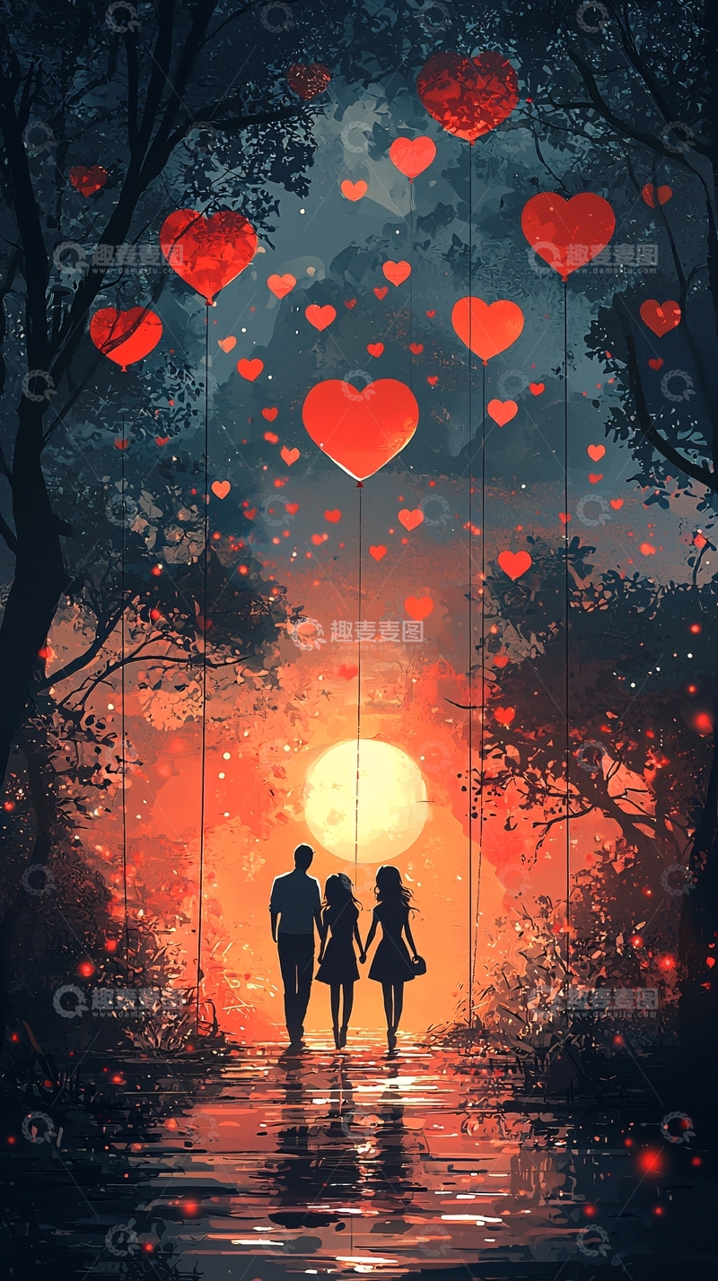 高清大图下载【趣麦麦图】红心气球下的幸福家庭