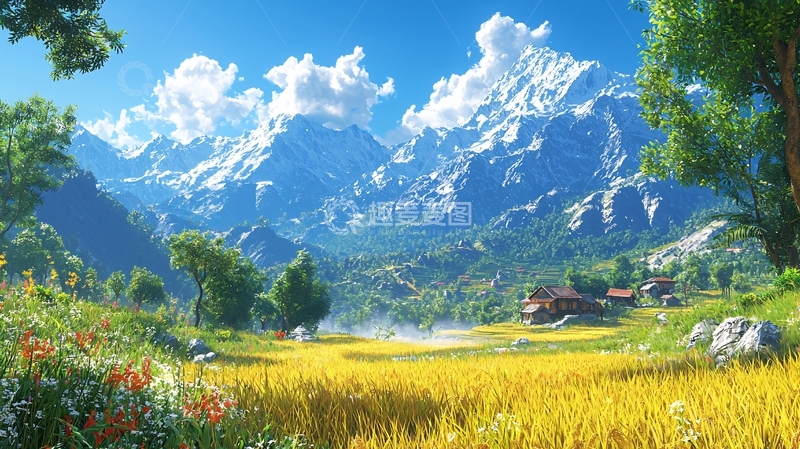 高清大图下载【趣麦麦图】雪山环绕的金色稻田