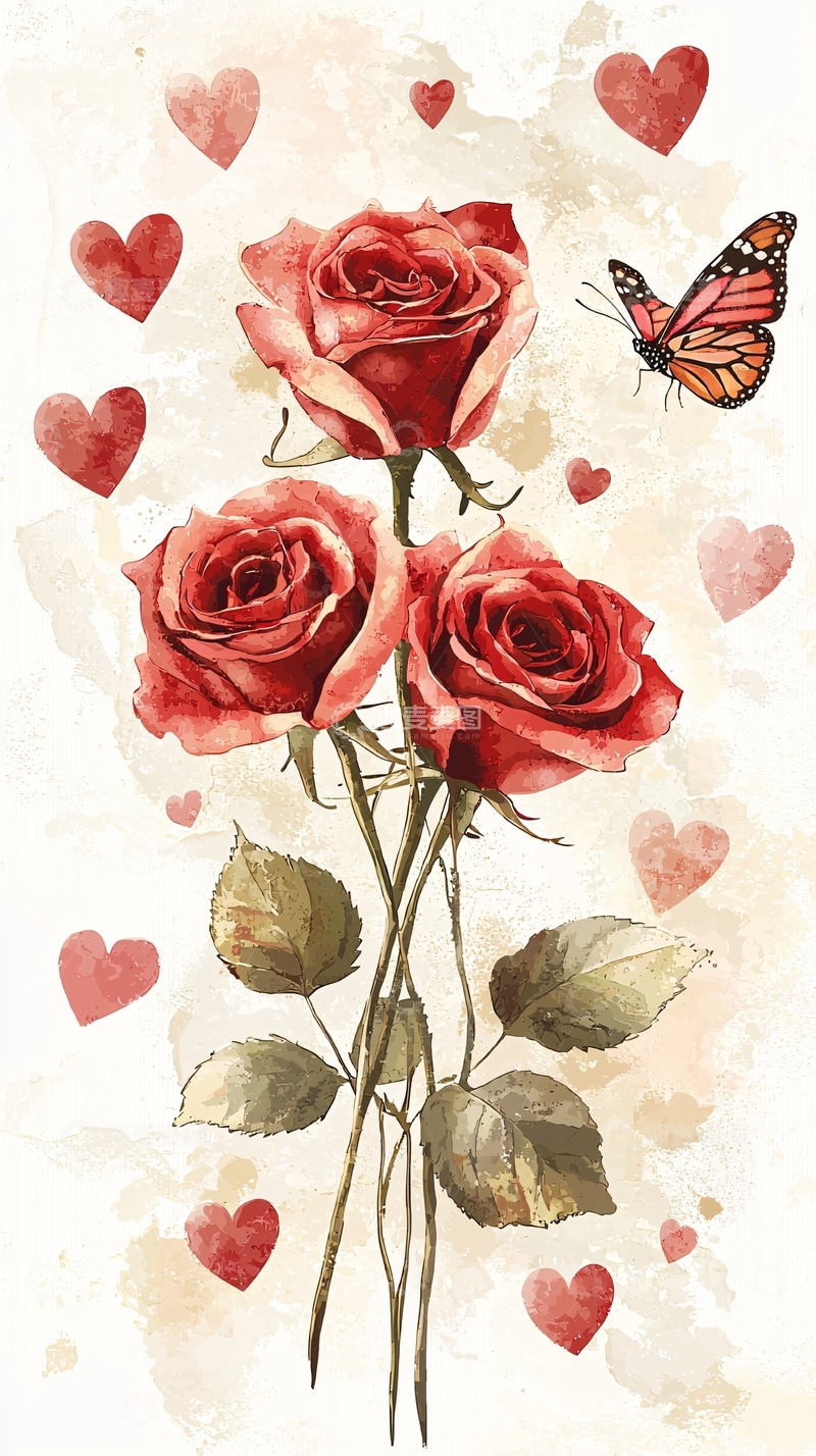 高清大图下载【趣麦麦图】三朵红玫瑰蝴蝶爱心水彩画