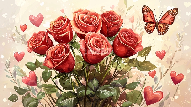 高清大图下载【趣麦麦图】红玫瑰花束蝴蝶爱心