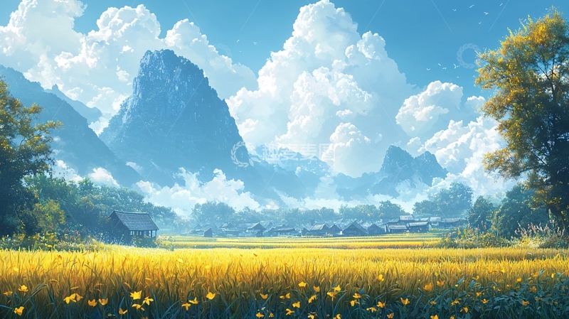 高清大图下载【趣麦麦图】阳光明媚的山谷田园风光
