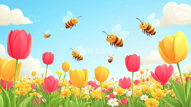卡通蜜蜂飞舞鲜花田野