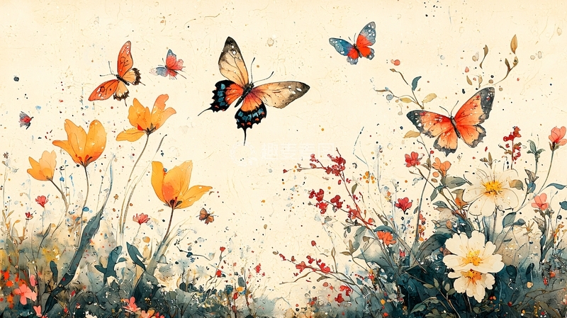 高清大图下载【趣麦麦图】水彩蝴蝶花卉