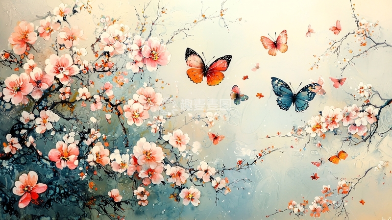 高清大图下载【趣麦麦图】粉嫩桃花蝴蝶飞舞