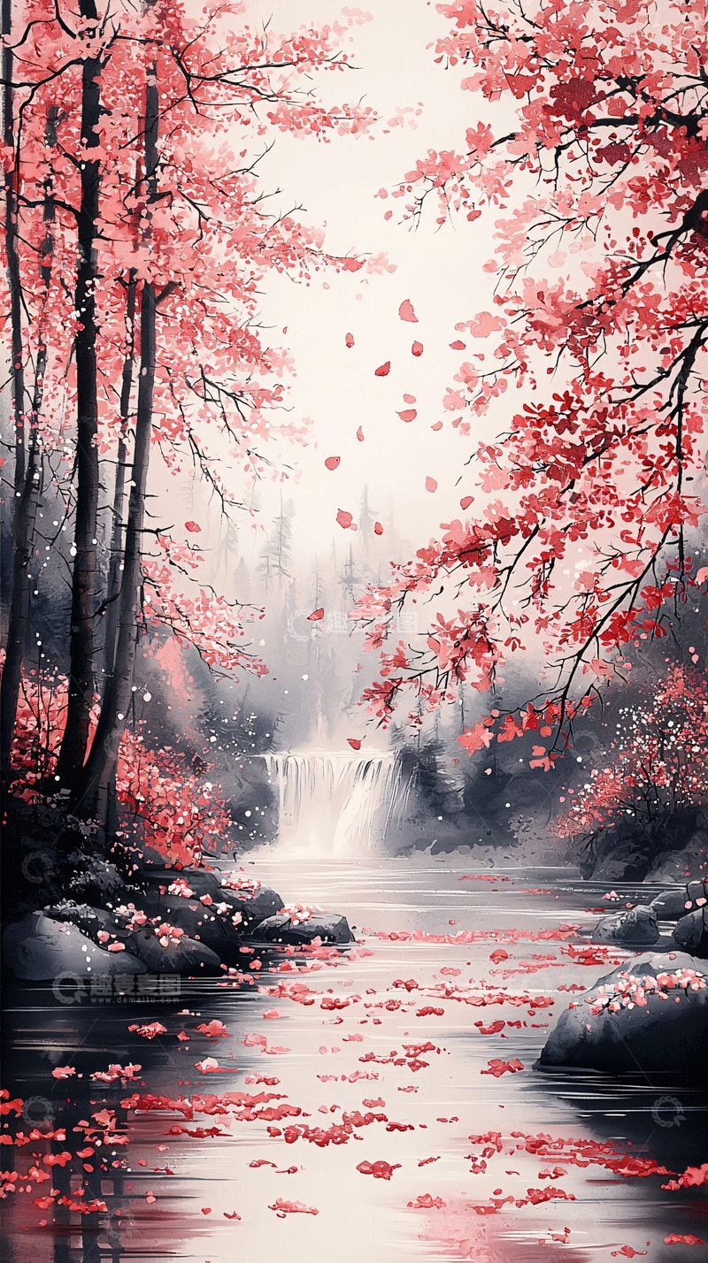 高清大图下载【趣麦麦图】粉红秋叶瀑布森林