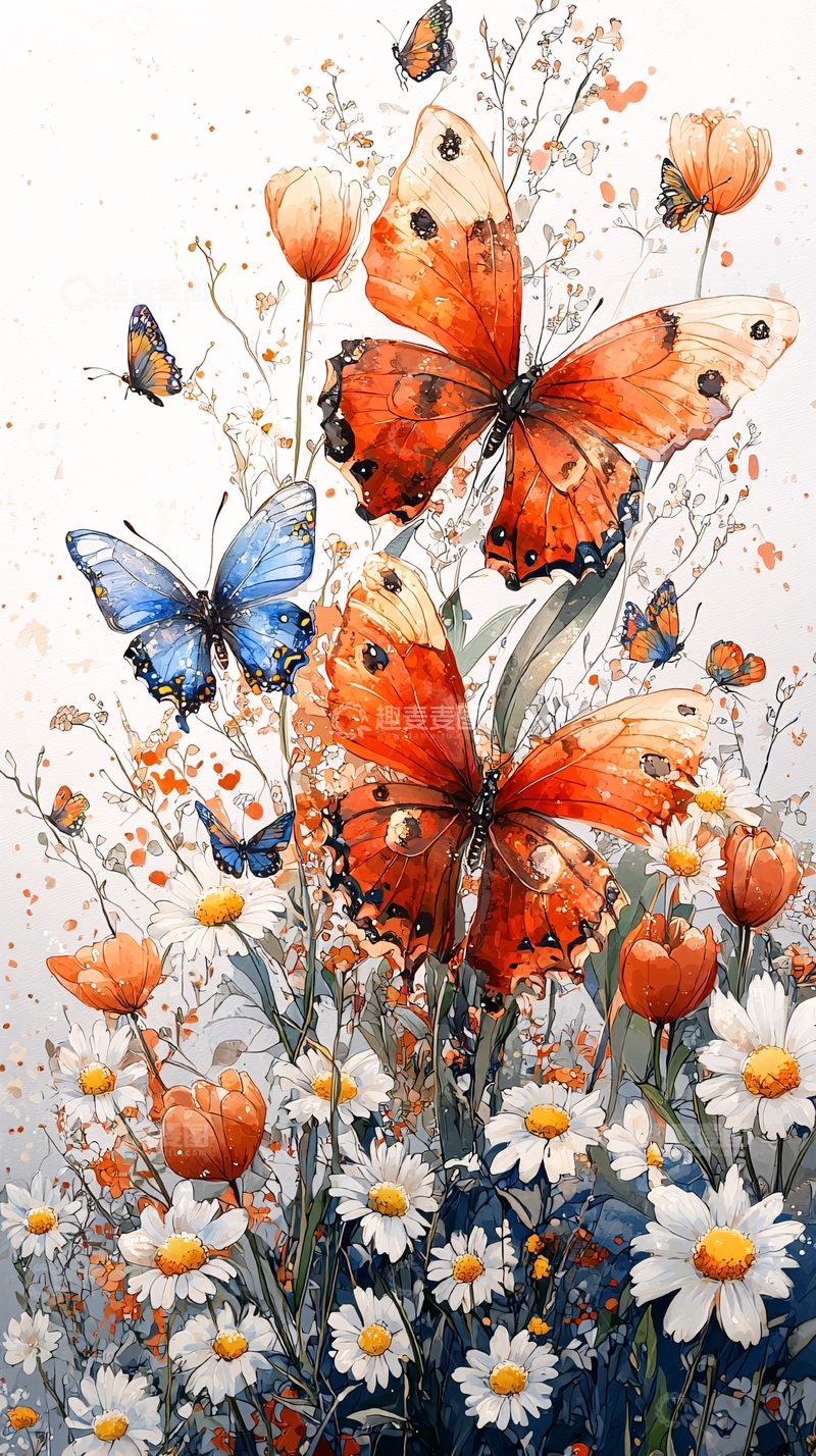 高清大图下载【趣麦麦图】水彩蝴蝶花卉图