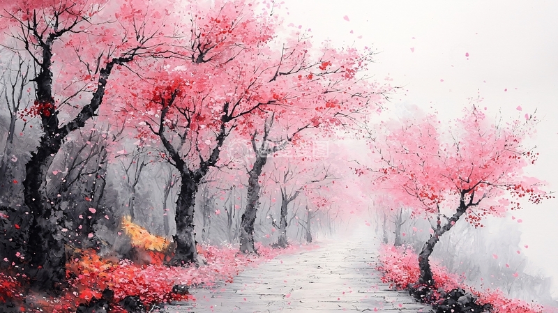 高清大图下载【趣麦麦图】粉红樱花树林水彩画