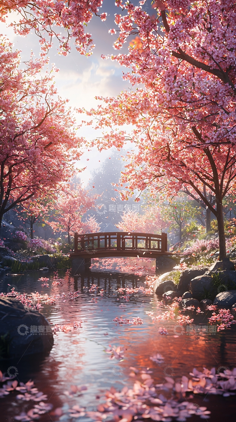 高清大图下载【趣麦麦图】樱花树下小桥流水