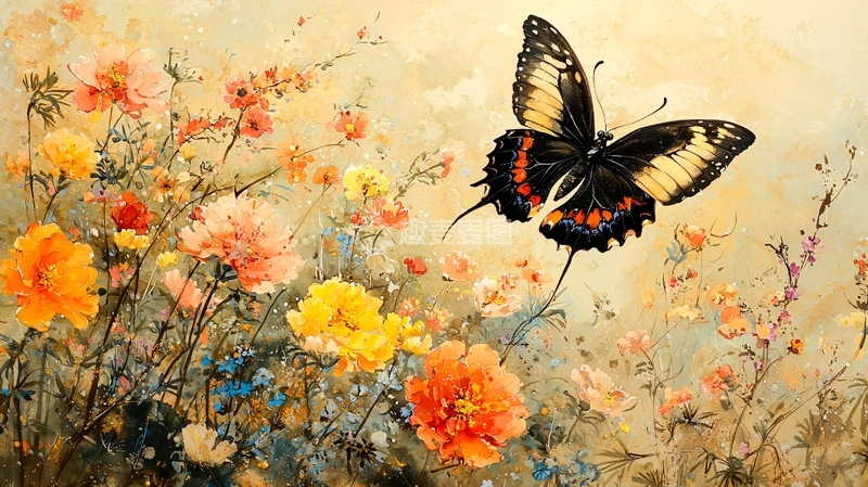 高清大图下载【趣麦麦图】彩蝶飞舞花丛中