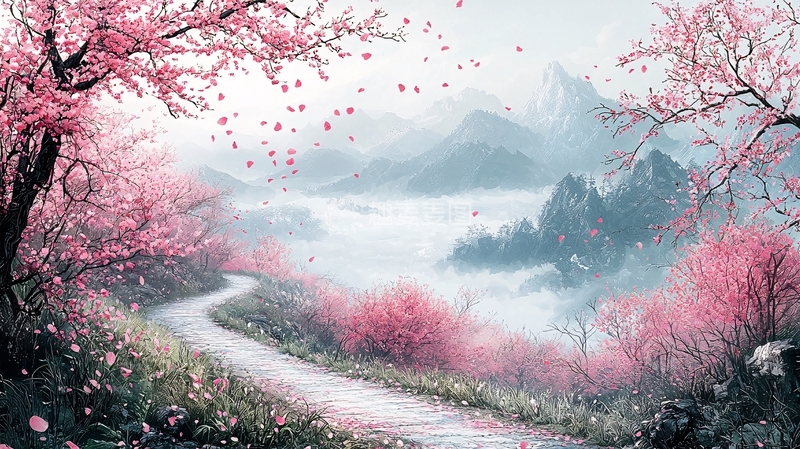 高清大图下载【趣麦麦图】粉红色樱花飘落山间小路