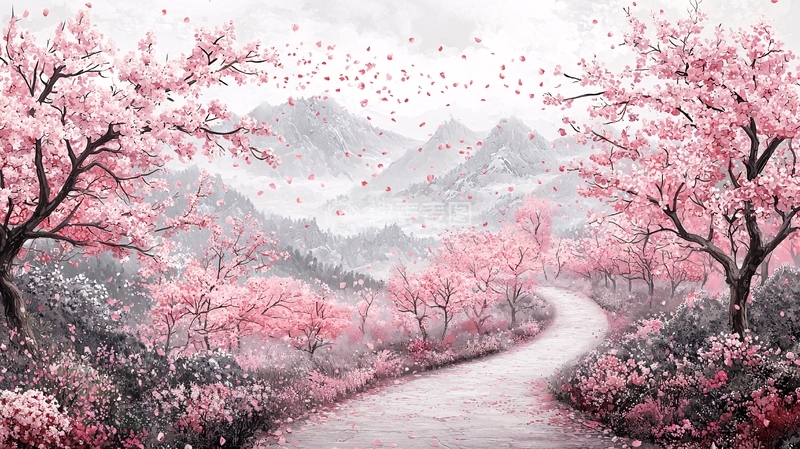 高清大图下载【趣麦麦图】粉色的樱花树与山峦小路