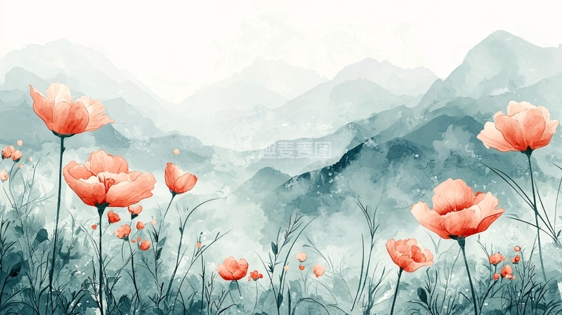 高清大图下载【趣麦麦图】水彩花卉山景